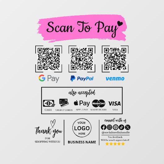 Autocollant Pour Fenêtre QR Code Scan pour payer Venmo Paypal Google Pay (Feuille)