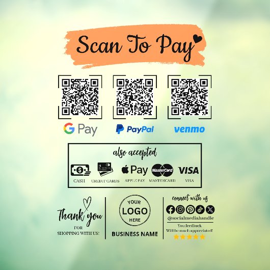Autocollant Pour Fenêtre QR Code Scan pour payer Venmo Paypal Google Pay (Feuille 3)