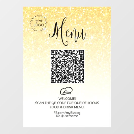 Autocollant Pour Fenêtre *~* Restaurant alimentaire QR + Menu LOGO Pailleté (Feuille)