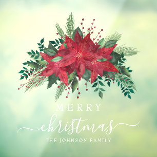 Autocollant Pour Fenêtre Rouge Poinsettia Floral Joyeux Noël