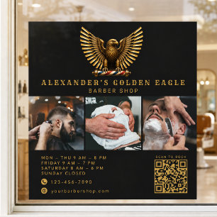 Autocollant Pour Fenêtre Salon de coiffeur élégant Code QR Logo Aigle doré 