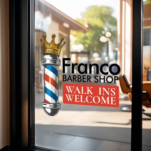 Autocollant Pour Fenêtre Salon de coiffure Barber King Crown Barber Pole