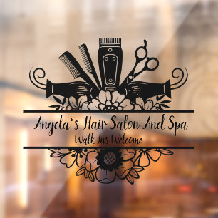 Autocollant Pour Fenêtre Salon de coiffure et spa noir personnalisé