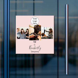 Autocollant Pour Fenêtre Salon de coiffure photo Logo Script Rose Éclair