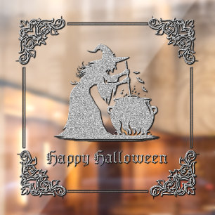 Autocollant Pour Fenêtre Sorcière en argent et Halloween Cauldron