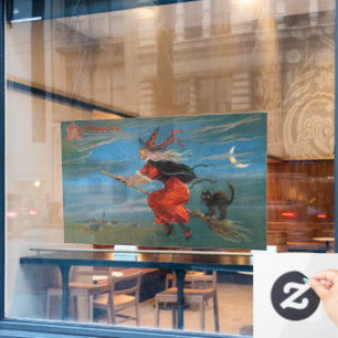 Autocollant Pour Fenêtre Sorcière volant avec chat noir la nuit d'Halloween