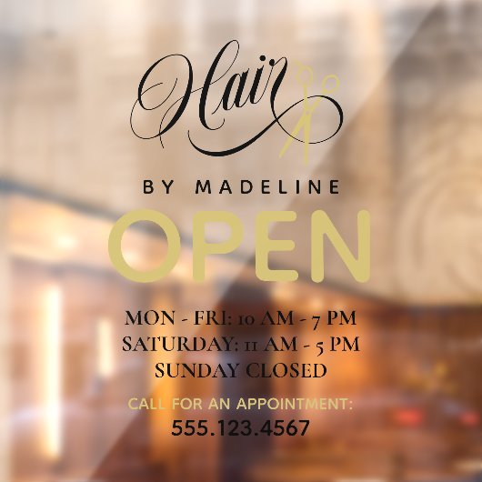 Autocollant Pour Fenêtre Swirly Black Text Scissors Hair Salon Open Hours (Feuille 2)