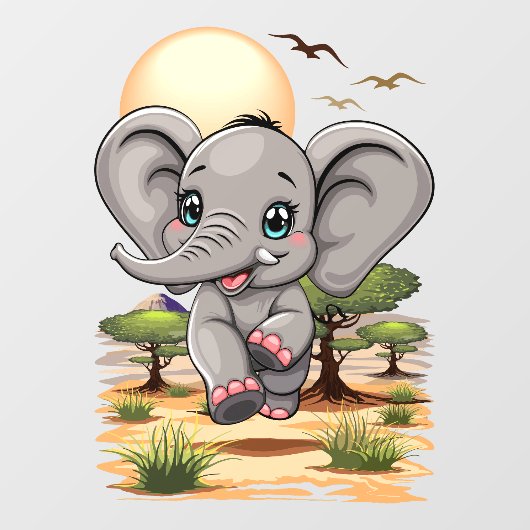 Autocollant Pour Fenêtre Un bébé éléphant qui sonne heureux dans la savane (Feuille)