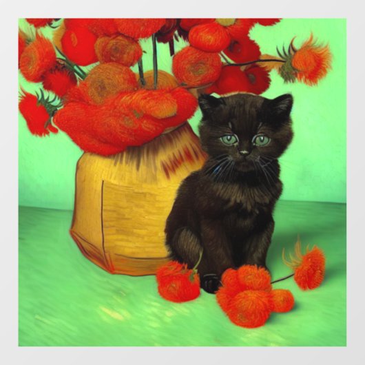 Autocollant Pour Fenêtre Van Gogh Black Kitten Fleurs rouges (Feuille)