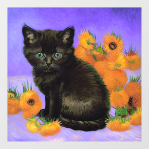 Autocollant Pour Fenêtre Van Gogh Kitten noir avec des tournesols