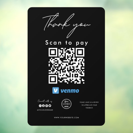 Autocollant Pour Fenêtre Venmo QR Code Logo Scan to Pay Merci Black (Feuille 3)