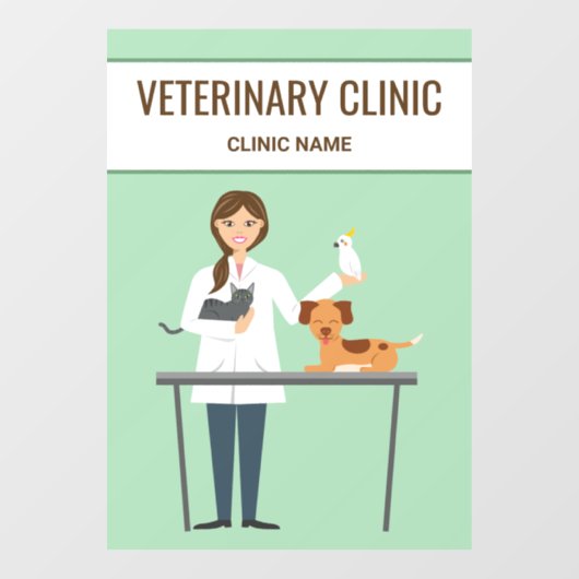Autocollant Pour Fenêtre Vétérinaire Femme & Animaux Sur Vert (Feuille)