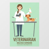 Autocollant Pour Fenêtre Vétérinaire Femme & Animaux Sur Vert & Texte (Feuille)