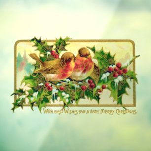 Autocollant Pour Fenêtre Vintage Noël Salutation Oiseaux Holly