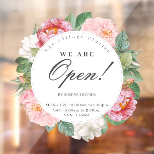 Autocollant Pour Fenêtre Vintage Rose Floral Round Business Heures d'ouvert