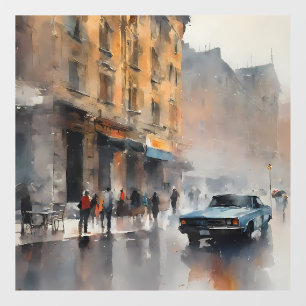 Autocollant Pour Fenêtre Voiture bleue vintage à Foggy Cityscape