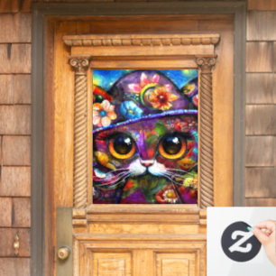 Autocollant Pour Fenêtre Whimsical Big Eye Cat Kitty avec Casquette Floral