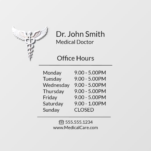 Autocollant Pour Fenêtre White Clean Médicale Caduceus Heures d'ouverture (Feuille)