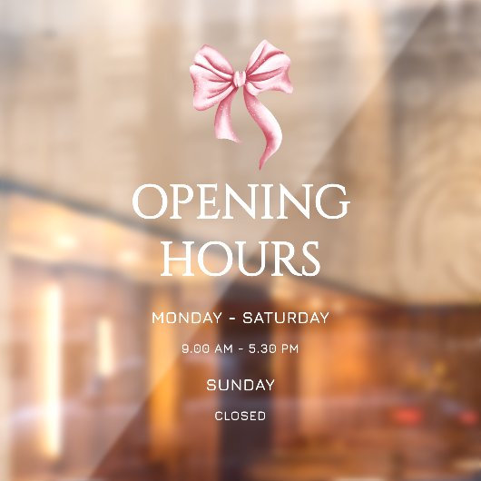Autocollant Pour Fenêtre White Pink Bow Opening Hours Small Business (Feuille 2)