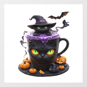 Autocollant Pour Fenêtre Witch Cat Halloween Latte Café mignon et effrayan