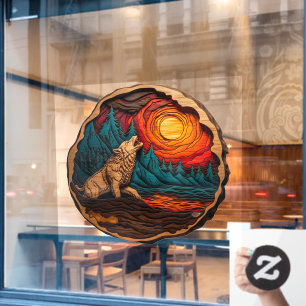 Autocollant Pour Fenêtre Wolf Howling Faux Wood Carving Wild Nature