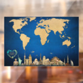 Autocollant Pour Fenêtre World Map Blue Wall Art avec devis (Feuille 2)