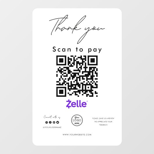 Autocollant Pour Fenêtre Zelle QR Code Logo Scan to Pay Merci (Feuille)