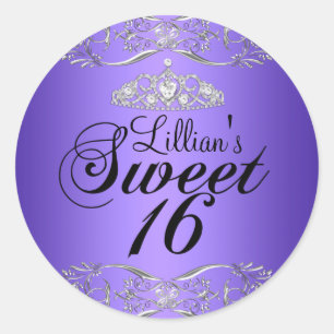Autocollant Purple Black Damask & Tiara Sweet 16
