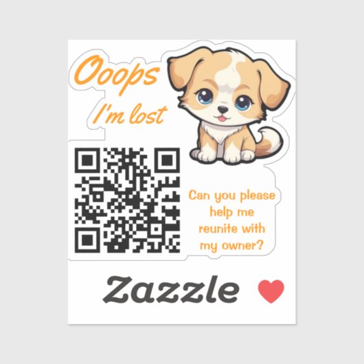 Autocollant QR de retour d'objet perdu Chiot adora (Feuille)