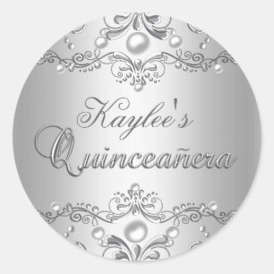 Autocollant Quinceanera Damassé Argent Perle