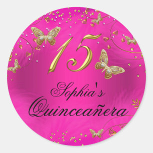 Autocollant Quinceanera Papillon Rose et Or Paille
