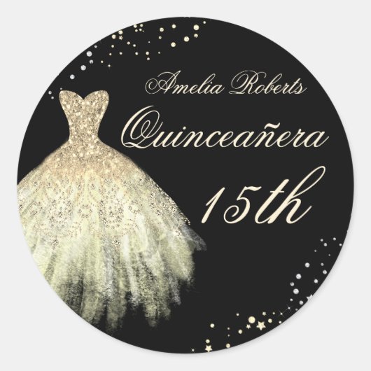 Autocollant Quinceanera Robe à étincelles en or no (Devant)