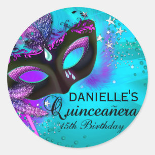 Autocollant Quinceanera sarcelle et violet Masquer