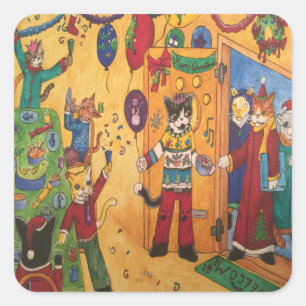 Autocollant rectangulaire des chats de fête de Noë