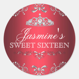 Autocollant Red Silver Damask & Tiara Sweet 16
