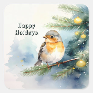 Autocollant Robin à l'aquarelle sur une branche de