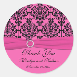 Autocollant rond 3" rose et noir Damask