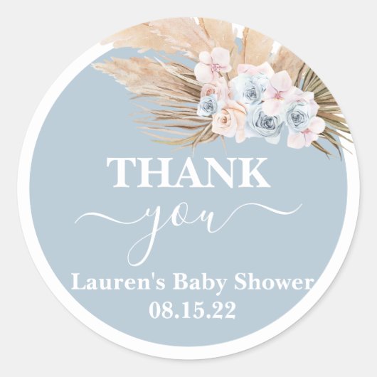 Autocollant rond Boho Pampas Baby shower en laiton (Devant)