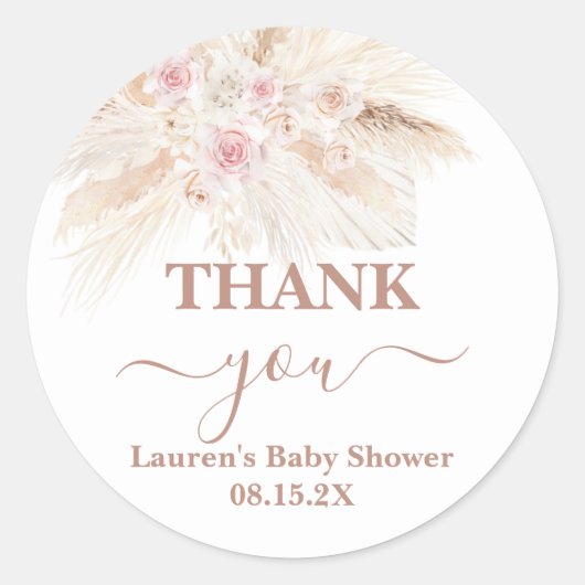 Autocollant rond classique Baby shower Boho rose (Devant)