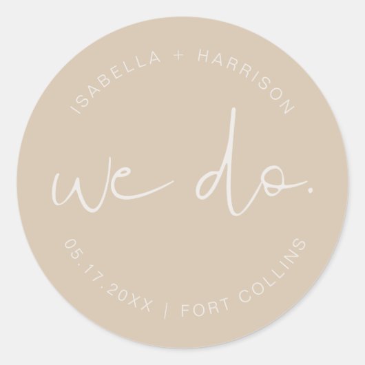 Autocollant rond classique de mariage beige Boho I (Devant)