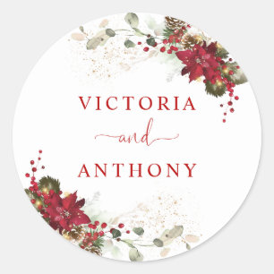 Autocollant rond classique de mariage de Noël à fl