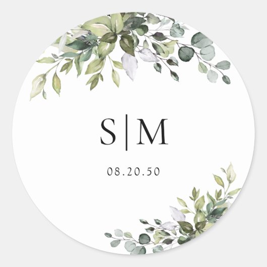Autocollant Rond Classique de Mariage Eucalyptus (Devant)