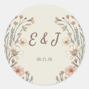 Autocollant Rond Classique de Mariage Floral Boho 