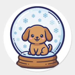 Autocollant Rond Classique de Noël avec un chiot d