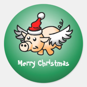 Autocollant rond classique de Noël Flying Pig Chri