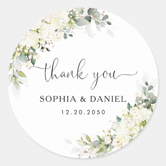 Autocollant Rond Classique Élégant Fleurs Blanches (Devant)