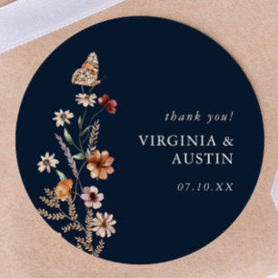 Autocollant Rond Classique Fleurs Bohème Bleu Mari