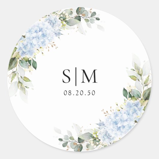 Autocollant Rond Classique Mariage Floral Hydrange (Devant)
