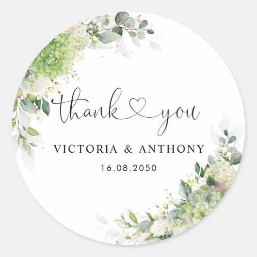 Autocollant Rond Classique Mariage Hydrangeas Élég (Devant)
