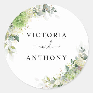 Autocollant Rond Classique Mariage Hydrangeas Élég